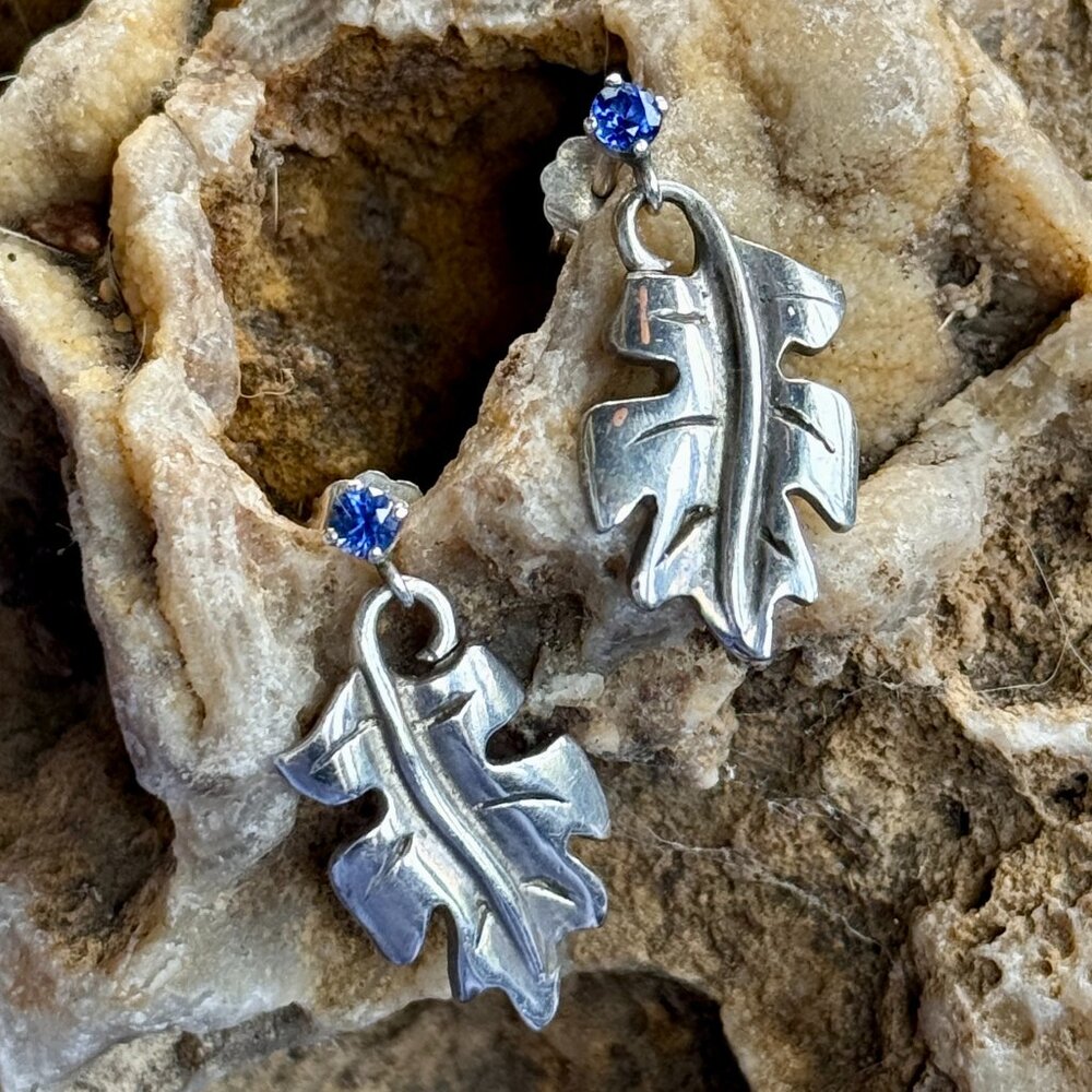 Artisan Sterling Oak Leaf Earrings with Cornflower Blue Spinels